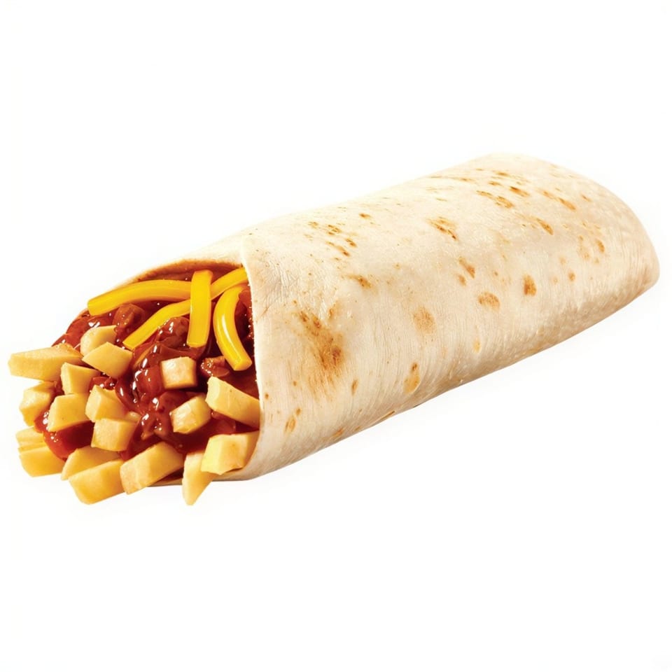 A chili cheese burrito, filled with golden french fries, chili, and melted cheese, on a white background.