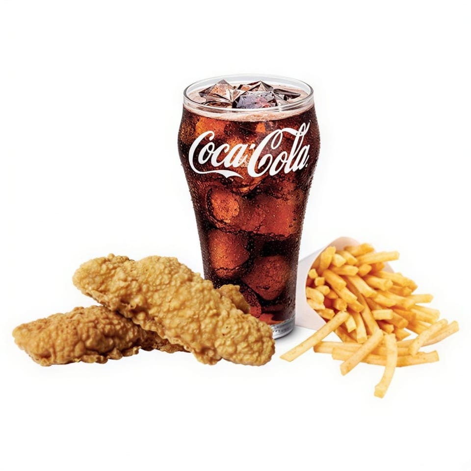 Two crispy chicken tenders, a large Coca-Cola with ice, and a side of golden french fries.