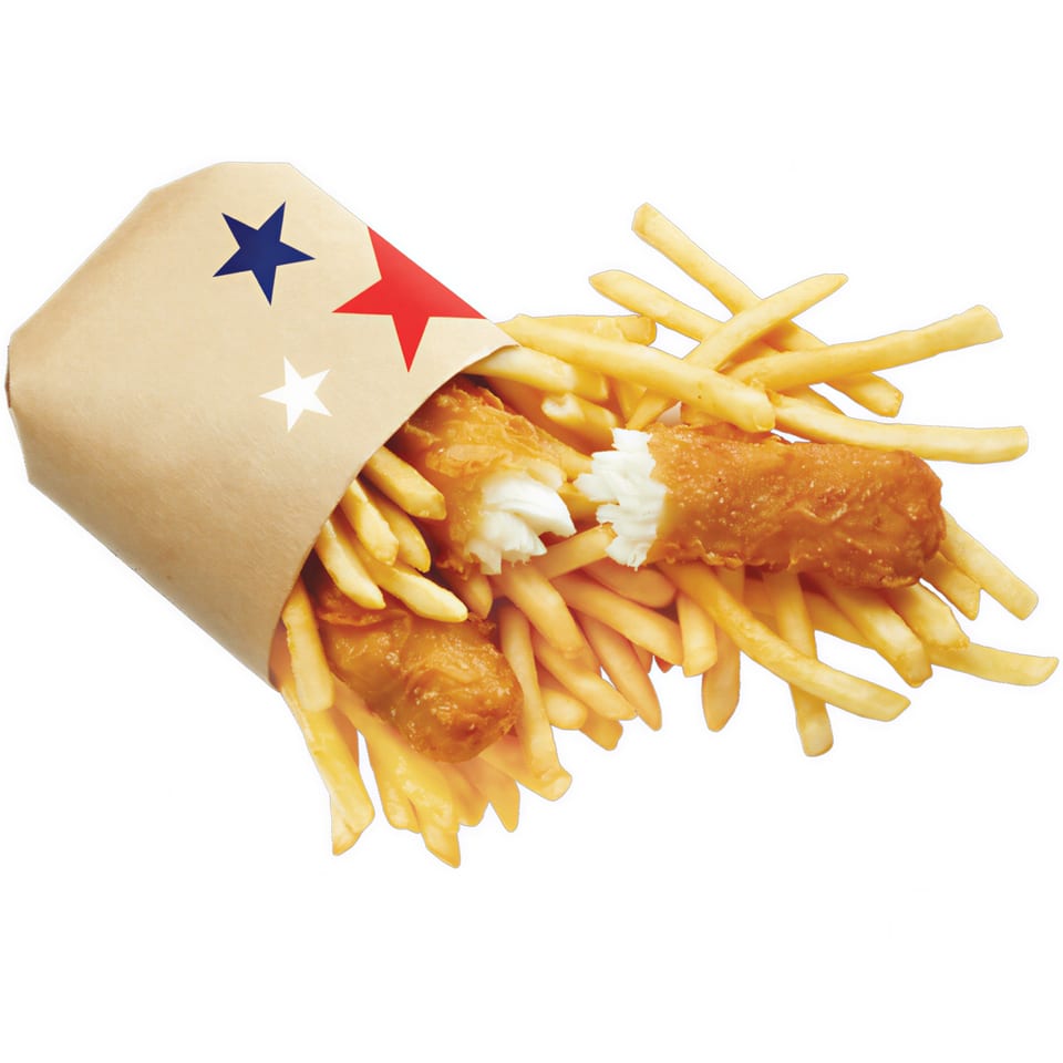 Fish and chips in a brown paper cone with red, white, and blue stars.