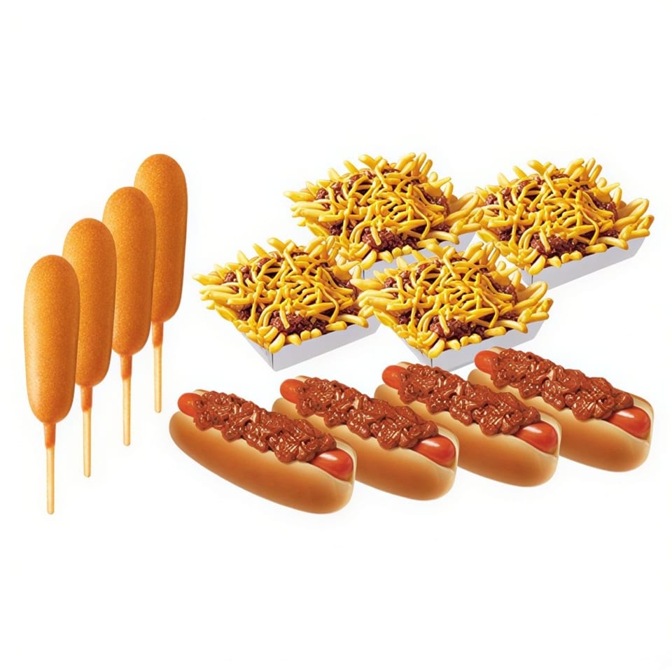 Four corn dogs, four chili cheese dogs, and four trays of chili cheese fries on a white background.
