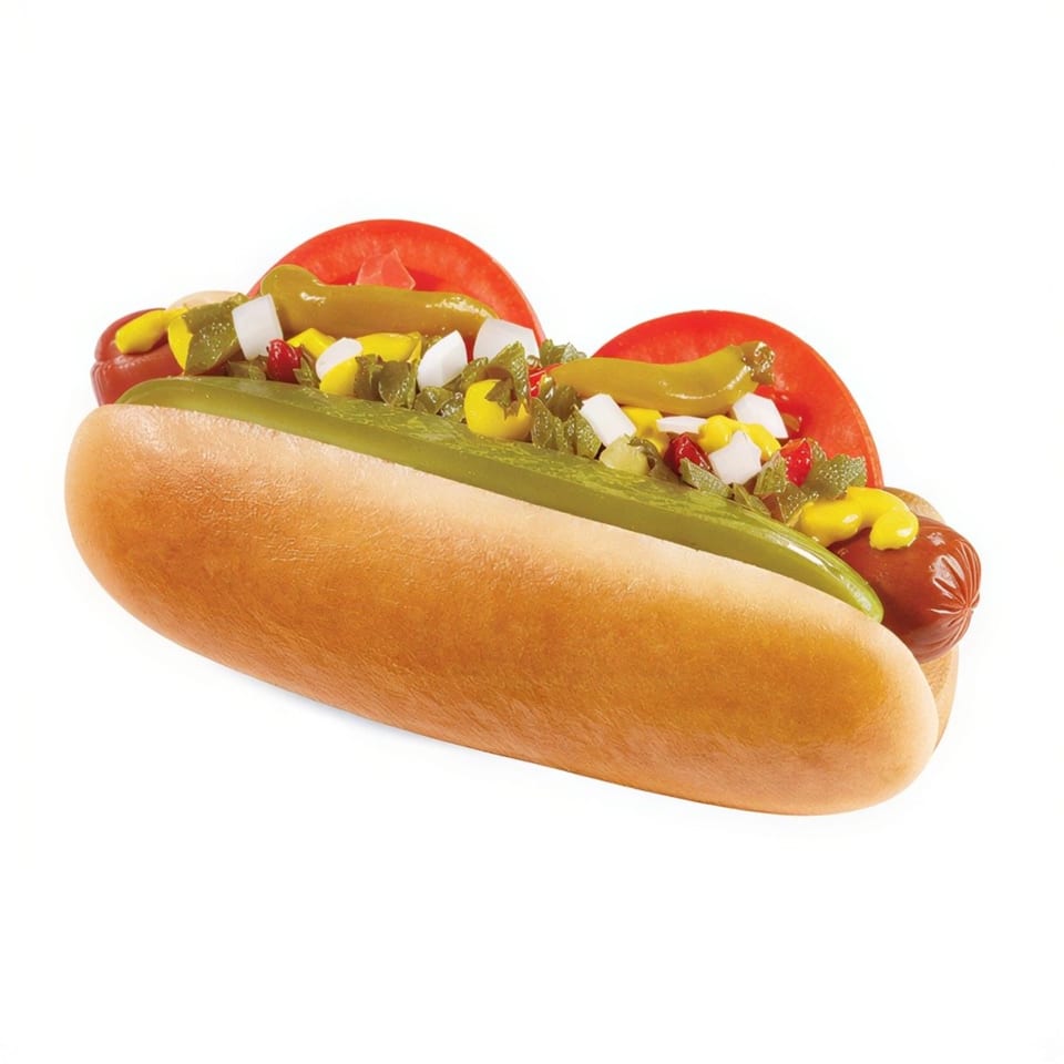 A Chicago-style hot dog with mustard, relish, onions, tomatoes, and sport peppers.