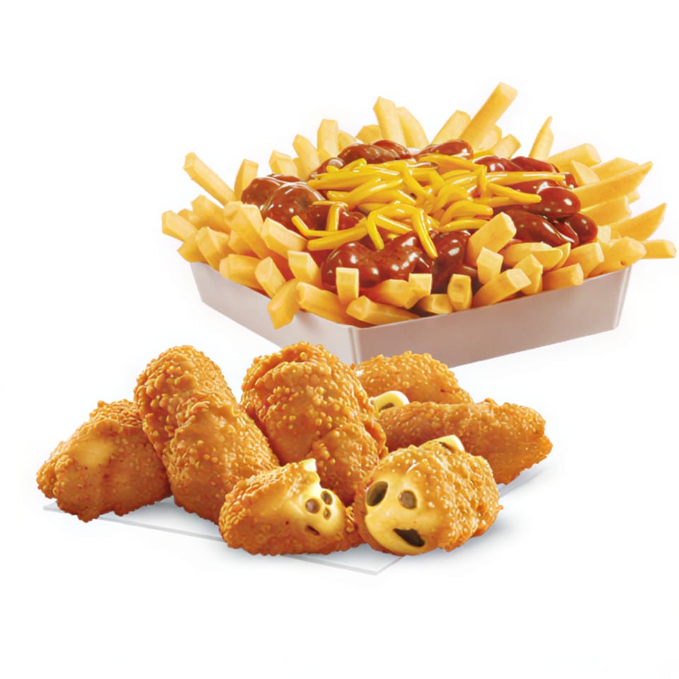 Chili cheese fries in a white tray and a pile of crispy golden brown mozzarella sticks.