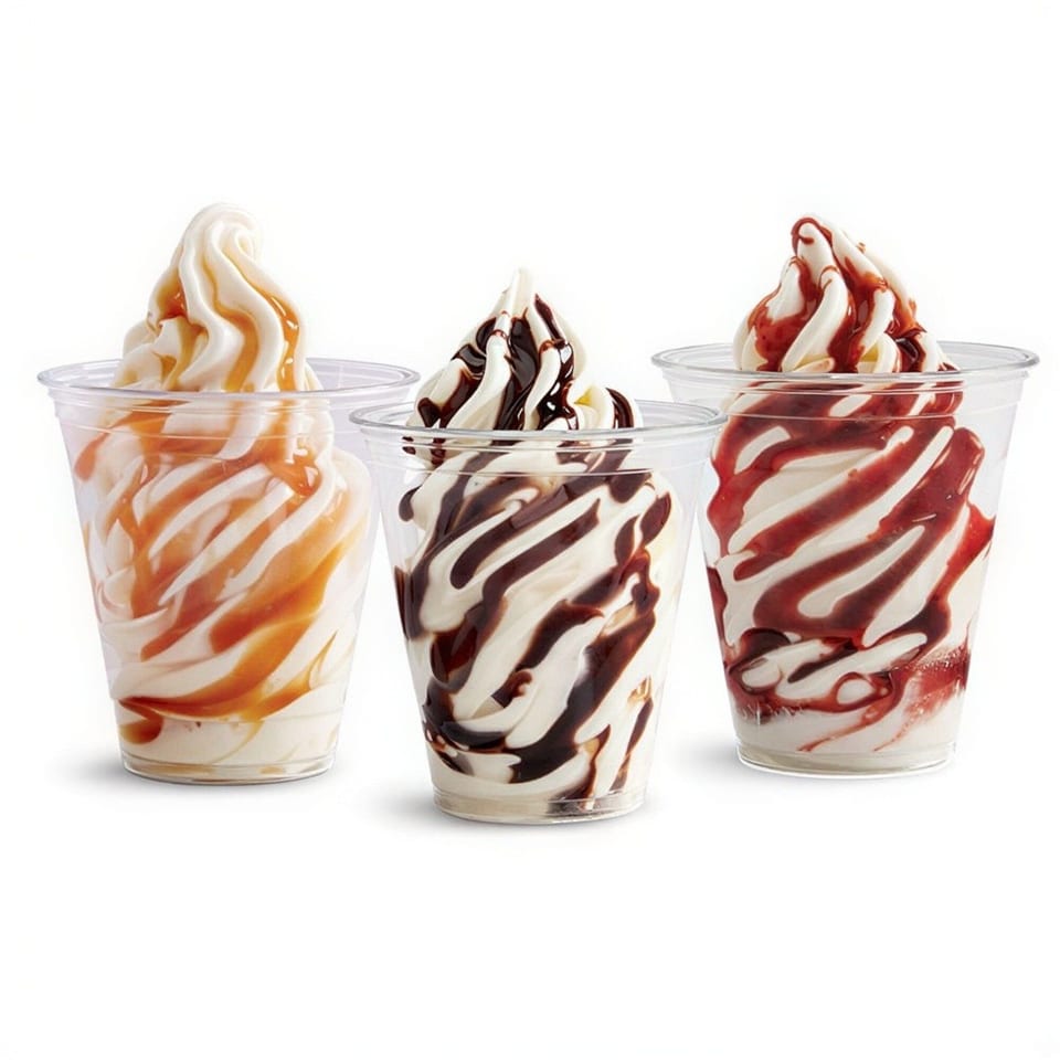 Three clear cups of soft-serve ice cream, drizzled with caramel, chocolate, and strawberry sauces.