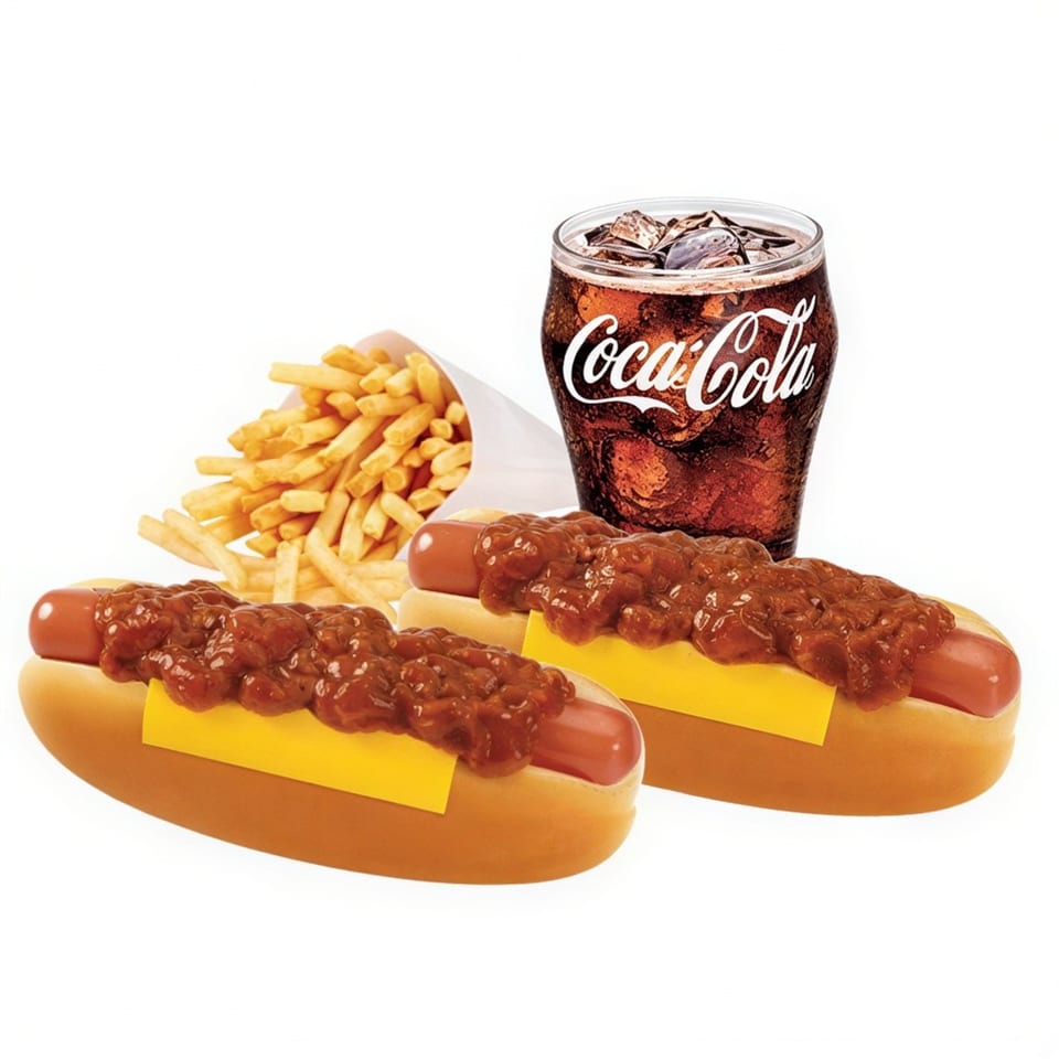 Two chili cheese hot dogs with a side of fries and a Coca-Cola drink.