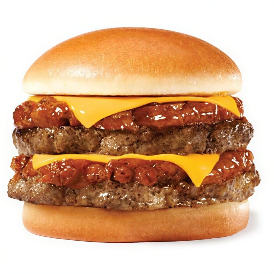 A double chili cheeseburger with two beef patties, chili, and cheese on a bun.